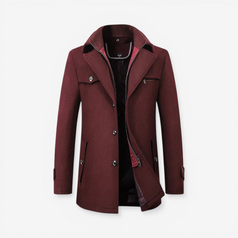 Double Collar Long Coat with Button Front