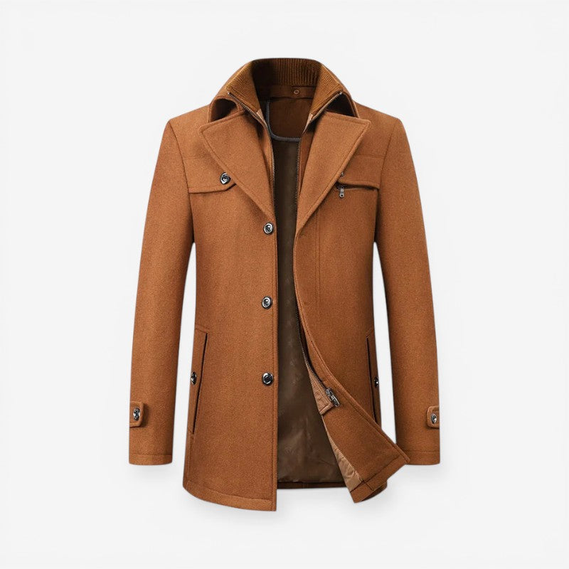 Double Collar Long Coat with Button Front