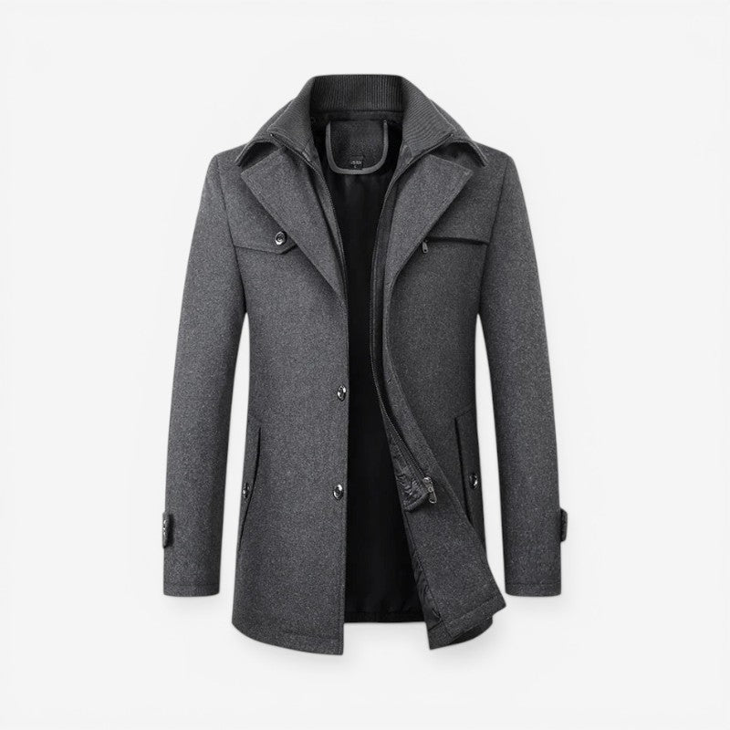 Double Collar Long Coat with Button Front