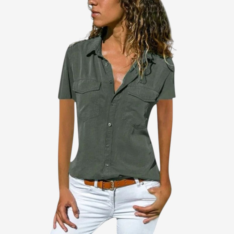 Women's Short Sleeve Button Down Shirt with Chest Pockets
