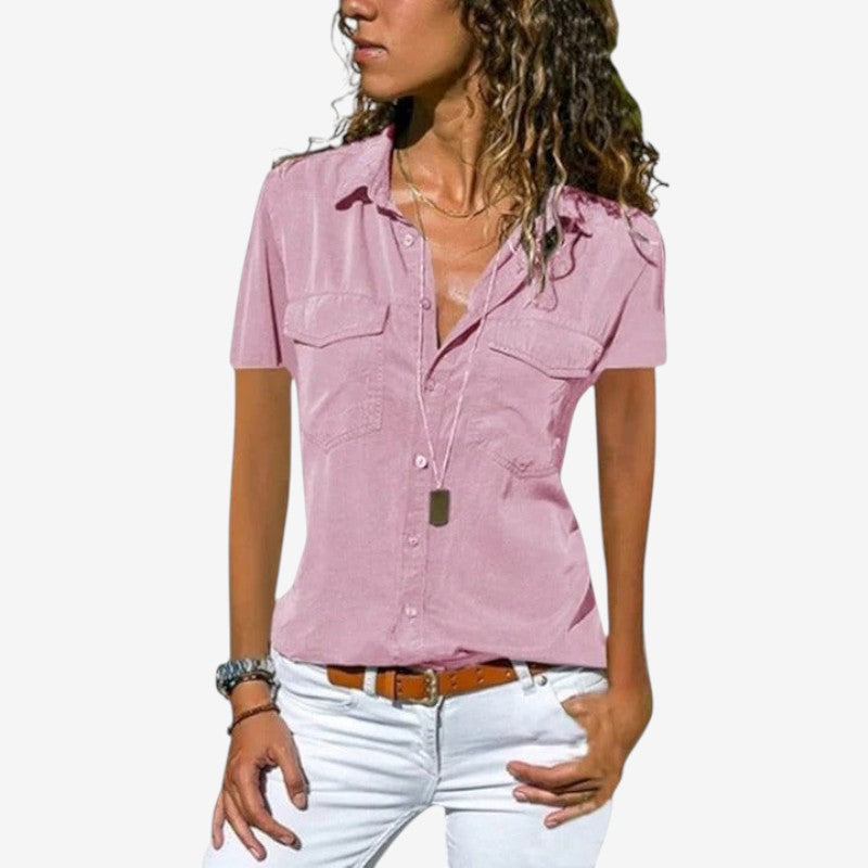 Women's Short Sleeve Button Down Shirt with Chest Pockets