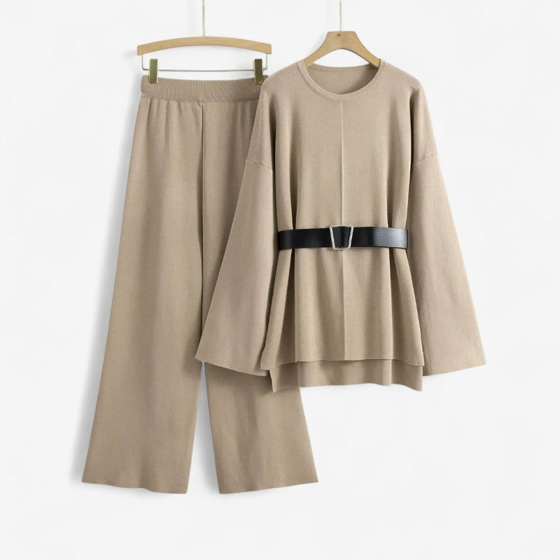 Evalyn – Tweedelige set met uitlopende mouwen en high-waist wijde broek Velani