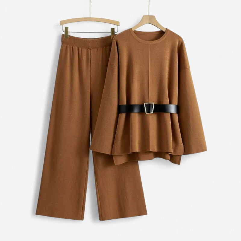 Evalyn – Tweedelige set met uitlopende mouwen en high-waist wijde broek Velani