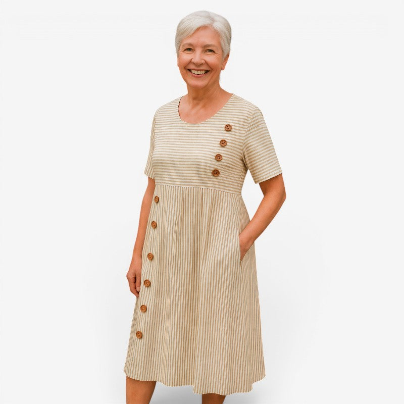 Womens Striped Midi Dress with Buttons