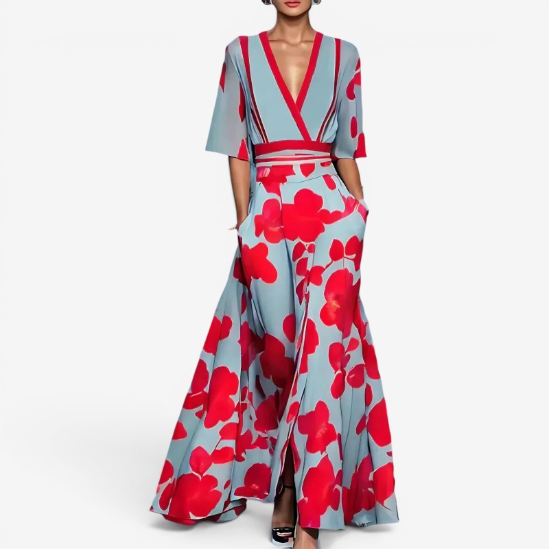 Women’s Bold Floral Maxi Dress Short Sleeve