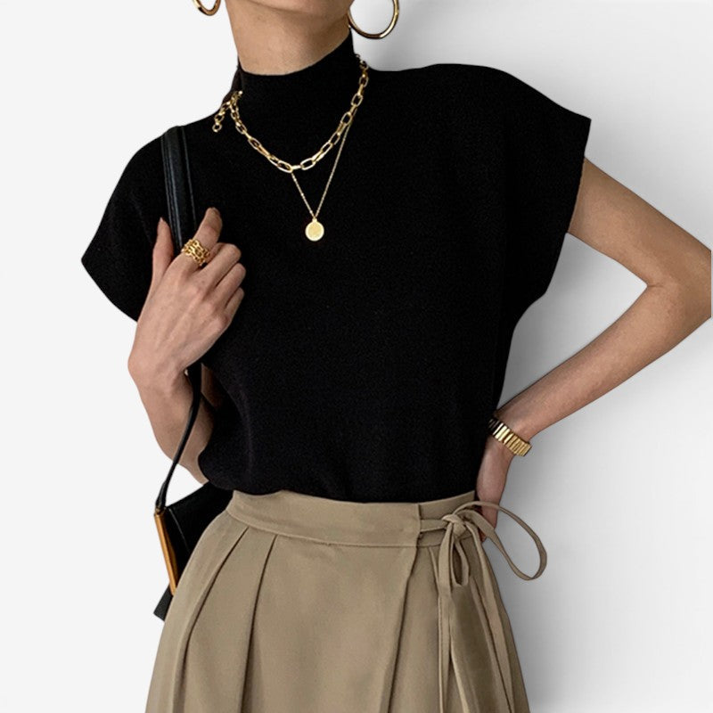 Women's Ribbed High Neck Blouse with Short Sleeves