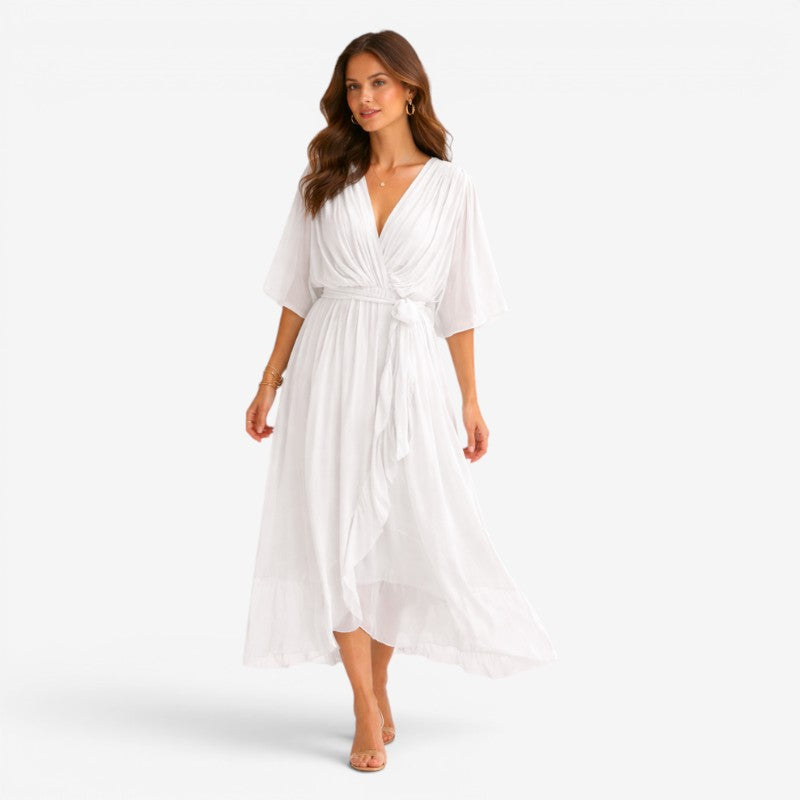 Stylish Midi Dress with V-Neck and Batwing Sleeves
