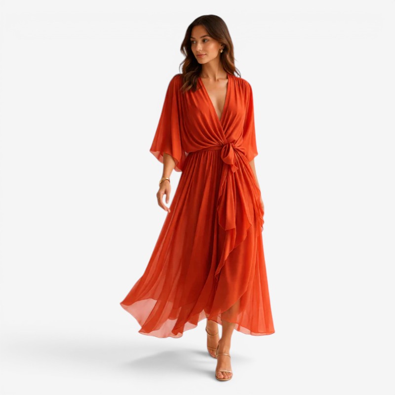 Stylish Midi Dress with V-Neck and Batwing Sleeves
