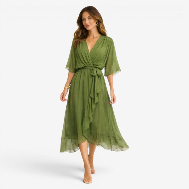 Stylish Midi Dress with V-Neck and Batwing Sleeves