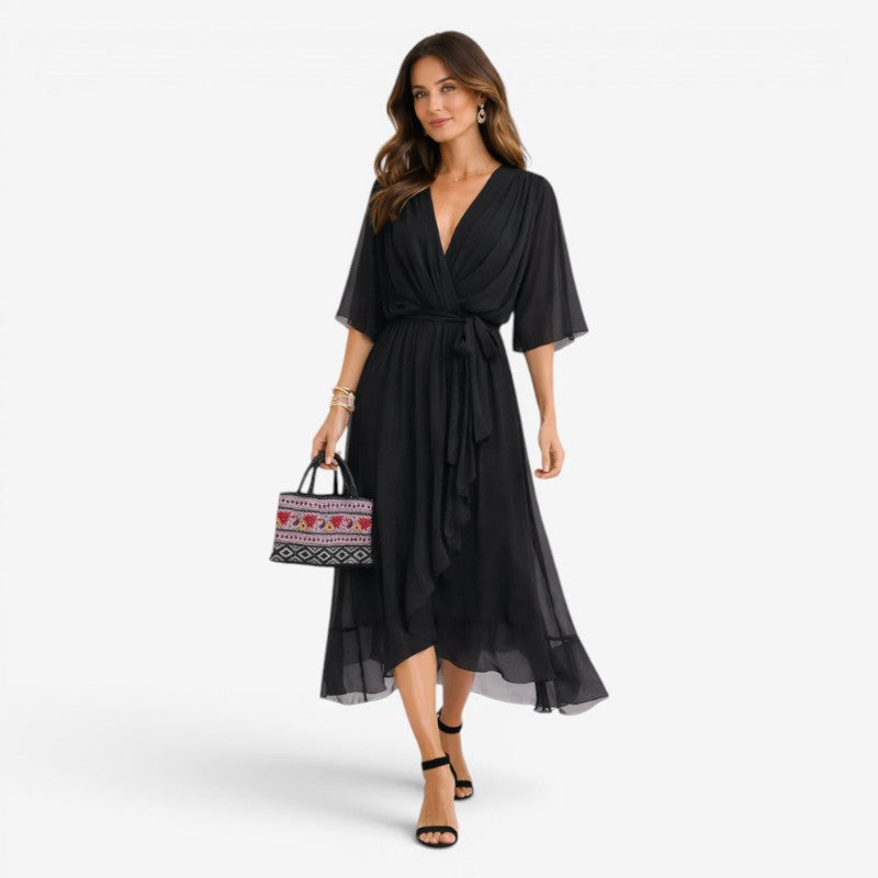 Stylish Midi Dress with V-Neck and Batwing Sleeves
