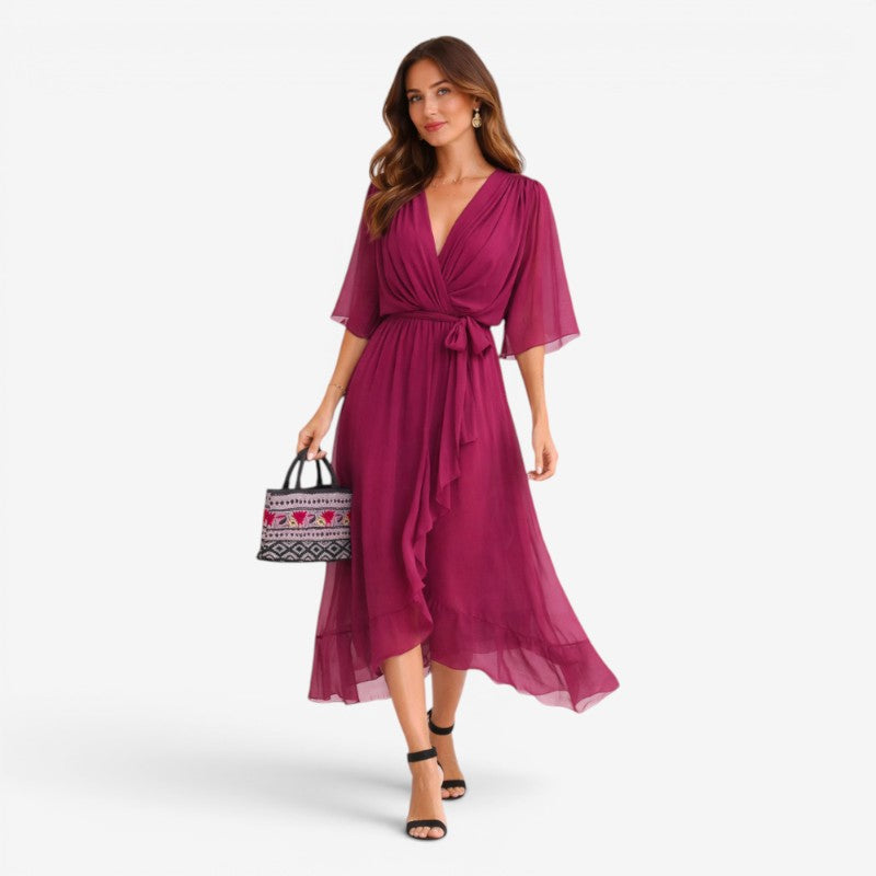 Stylish Midi Dress with V-Neck and Batwing Sleeves