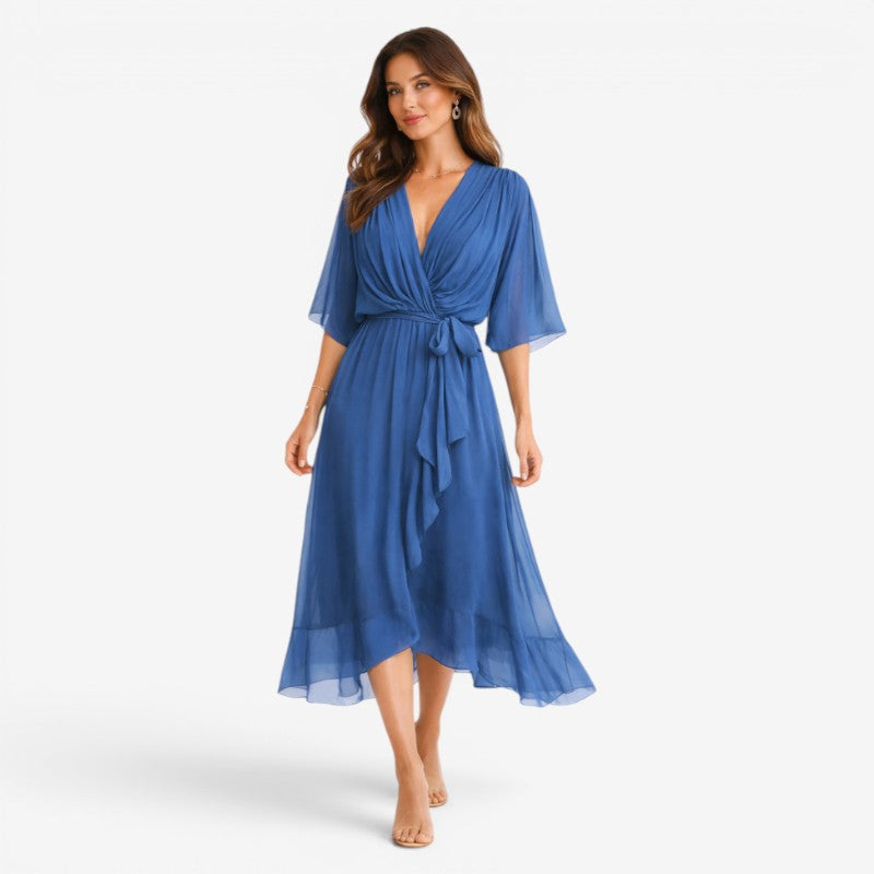 Stylish Midi Dress with V-Neck and Batwing Sleeves