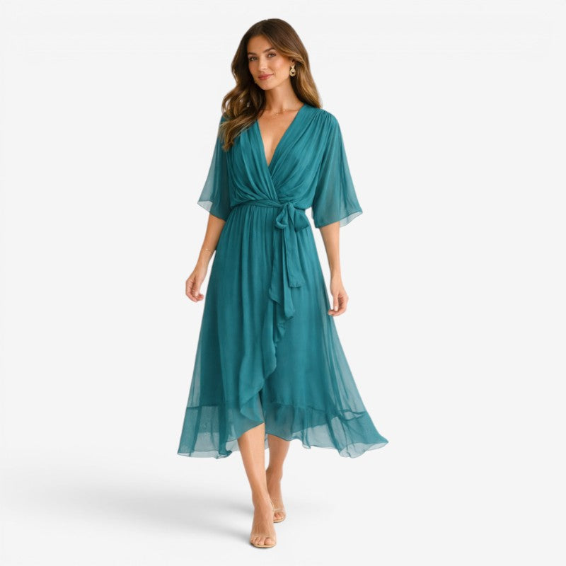 Stylish Midi Dress with V-Neck and Batwing Sleeves