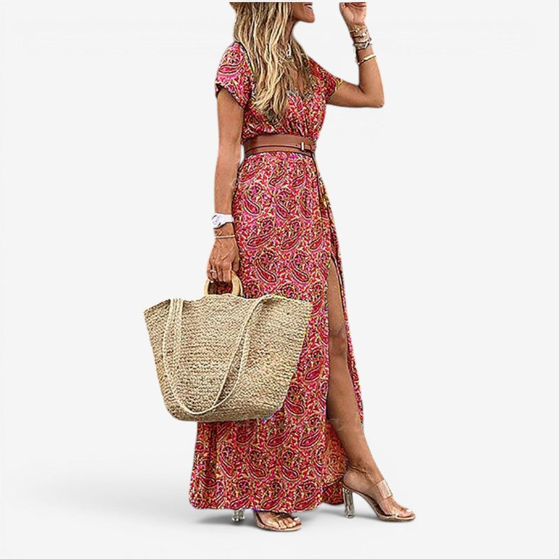 Women's Floral Print Maxi Dress with Belt Waist