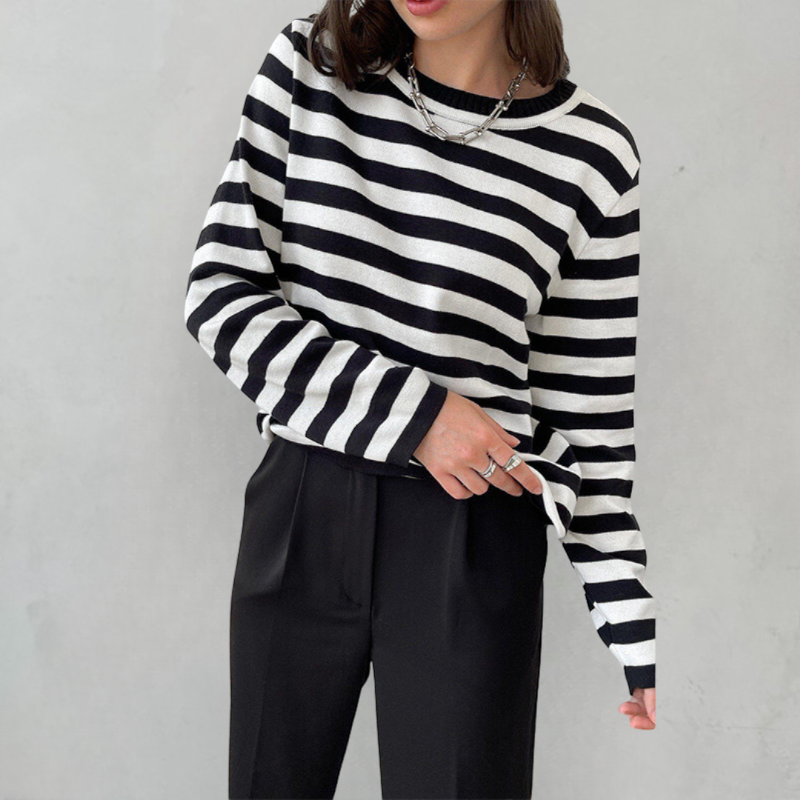 Womens Striped Knit Sweater with Long Sleeves