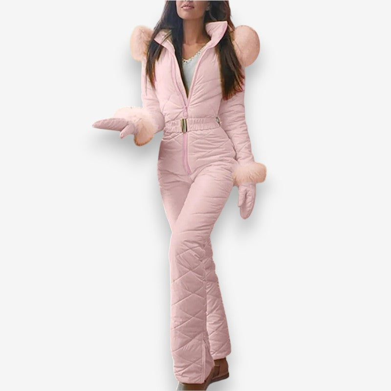 Ava – Women's Long Sleeve Overall with Belt and Fur Collar