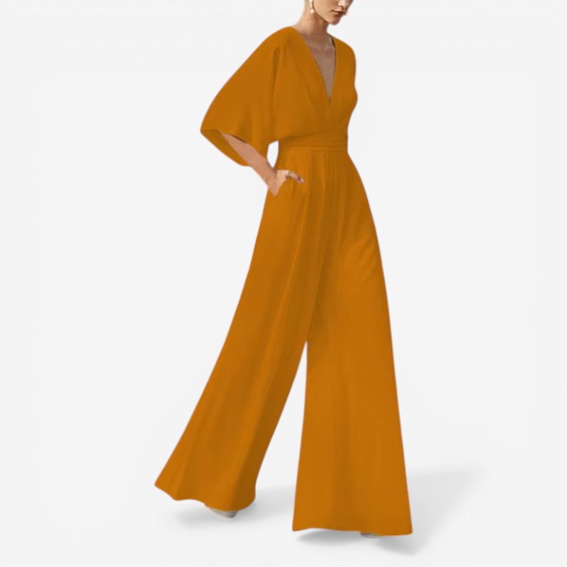 Willow - Loose Fit Short Sleeve Jumpsuit With V Neck Design