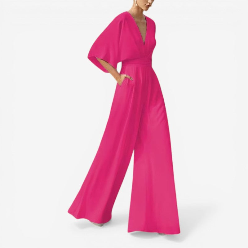 Willow - Loose Fit Short Sleeve Jumpsuit With V Neck Design