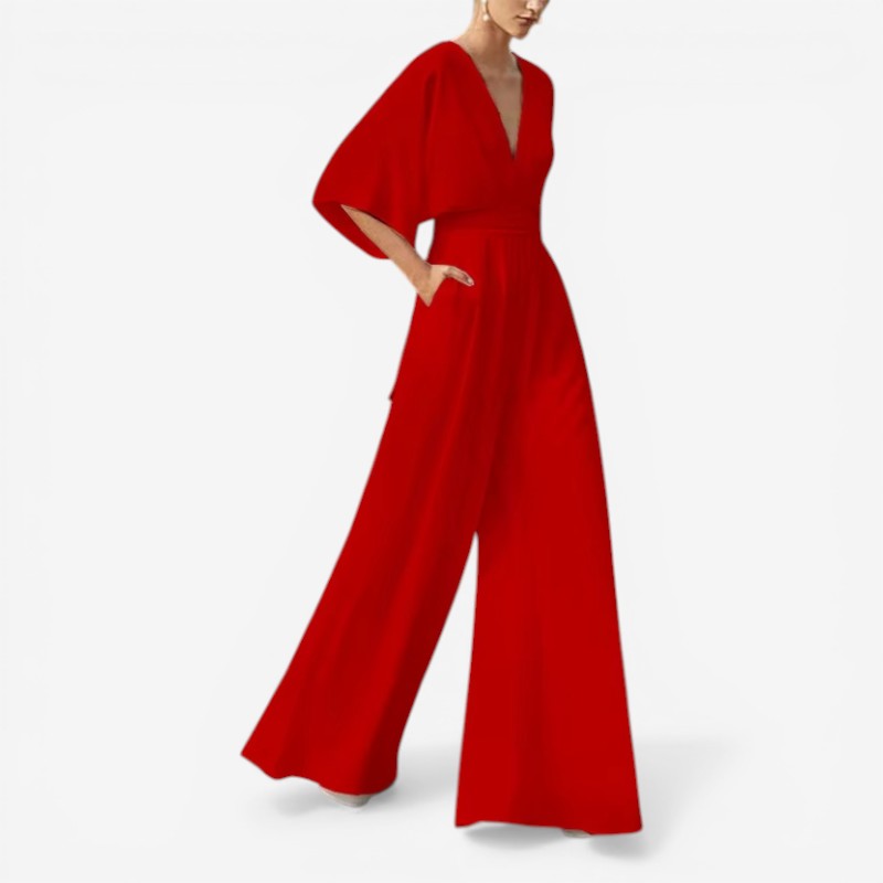 Willow - Loose Fit Short Sleeve Jumpsuit With V Neck Design