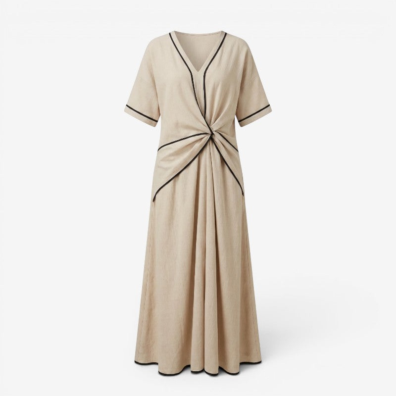 Chic Women's V Neck Maxi Dress with Twist Front