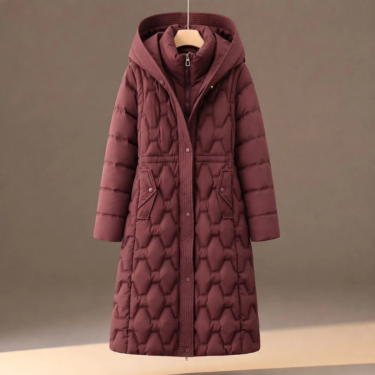 Avenue - Long Quilted Coat with Hexagonal Pattern