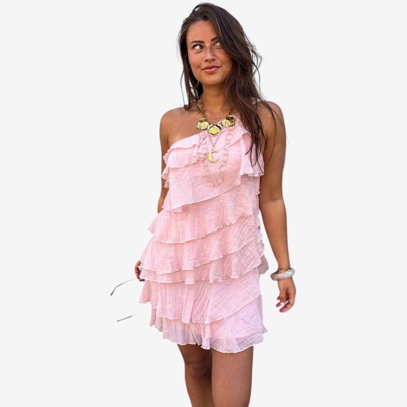 Asymmetrical Mini Dress with Layered Ruffles