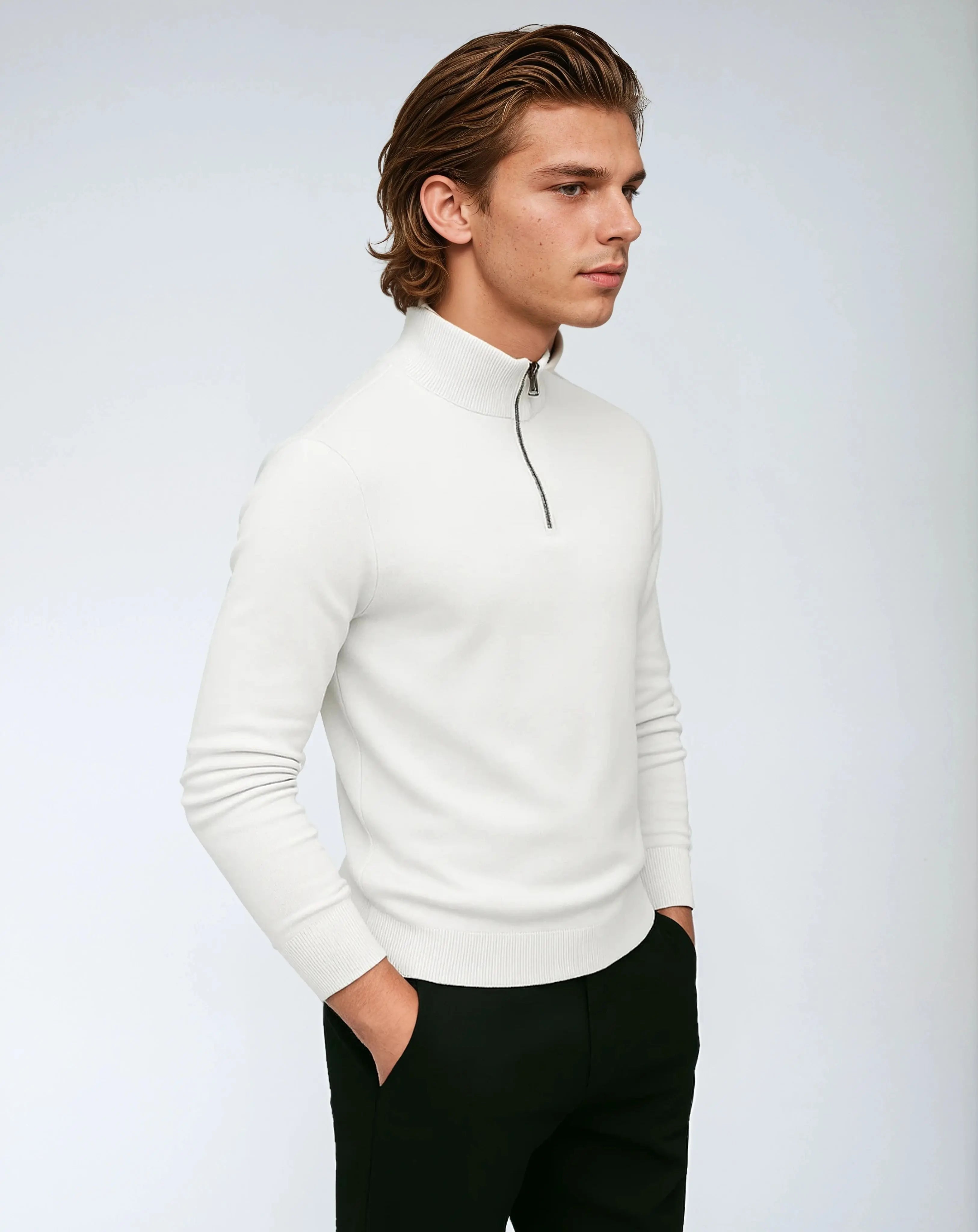 Polyester Sweater Met Rits En Lage Kraag-Sweaters-Velani-Velani
