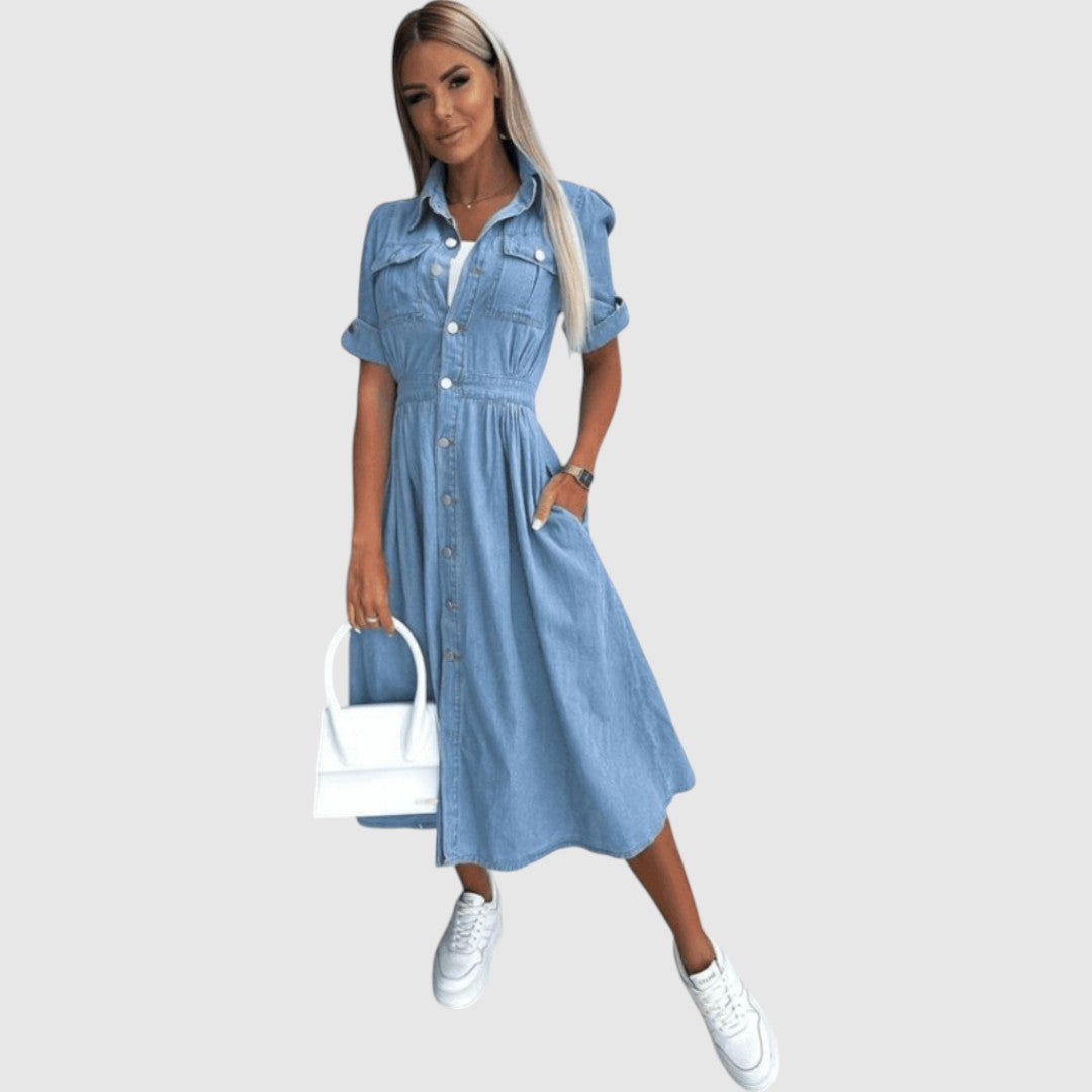 Elizabeth – Midi Jurk met Kraag, Knopen en Zakjes Velani