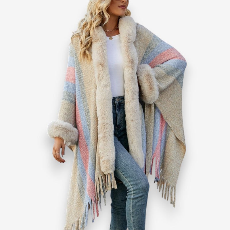 Grace – Long Sleeve Poncho with Faux Fur Collar Design