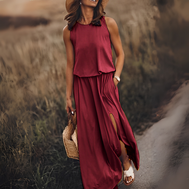 Elsie – Lange Mouwloze Jurk met Zijsplit Ronde Hals en Off-Shoulder Design Velani