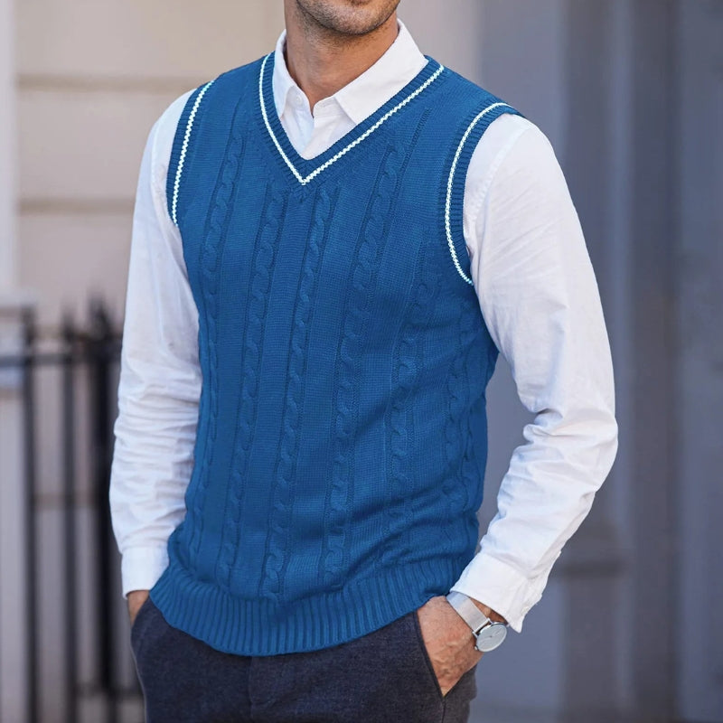 Ethan – Sleeveless V-Neck Sweater with Striped Design