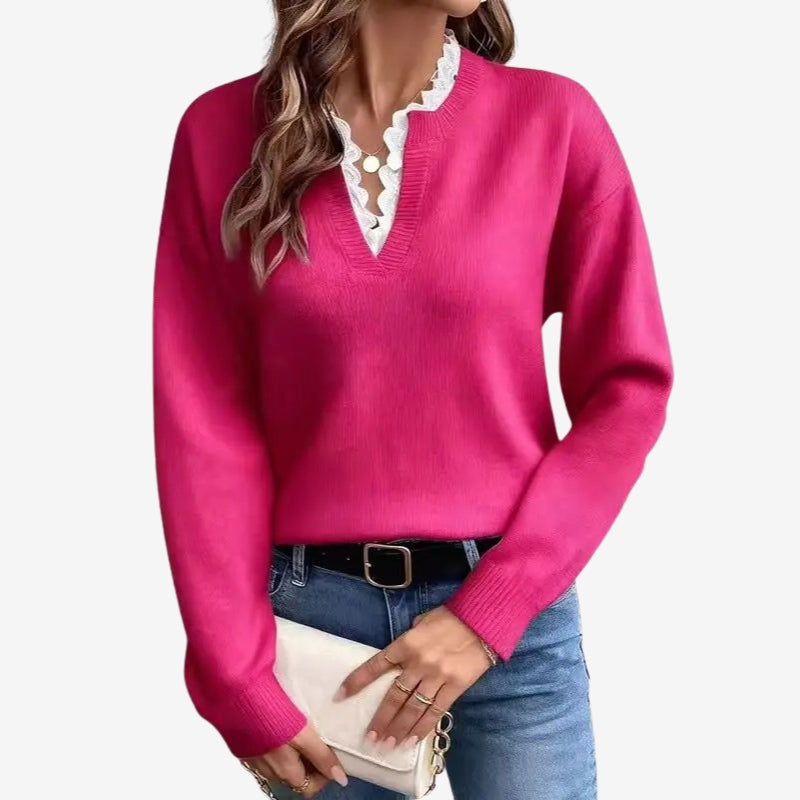 Fiona – Long Sleeve Sweater with V Neck and Ribbed Hem Design