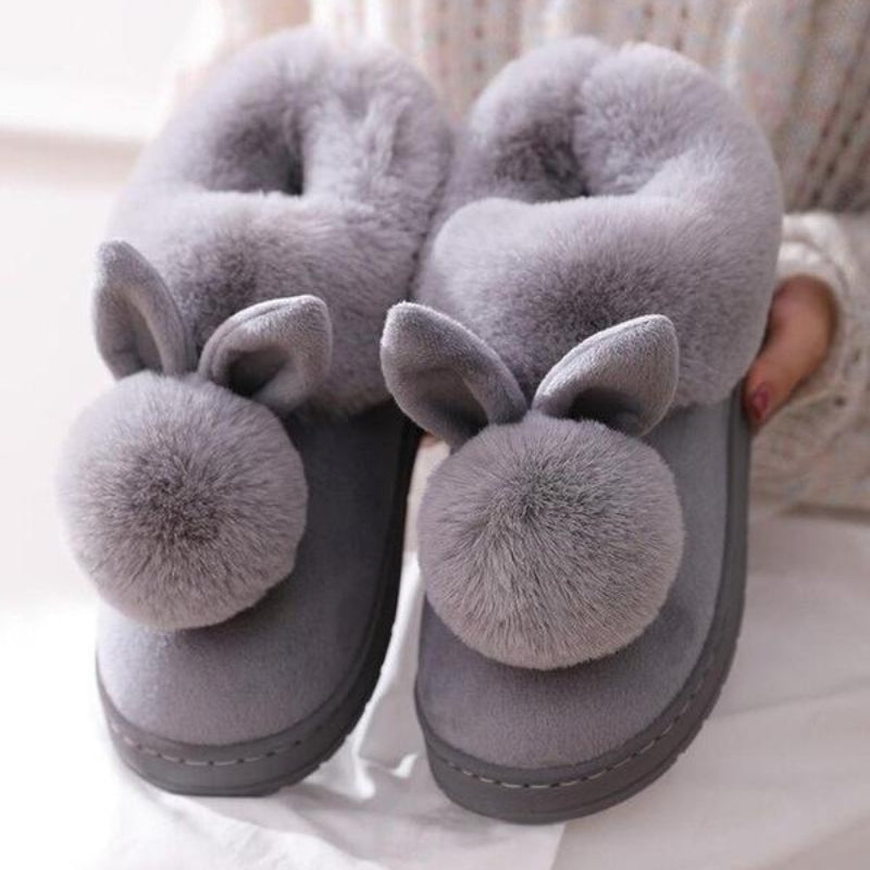 Lily –  Fur Slippers with Round Toe and Rabbit Ear Design