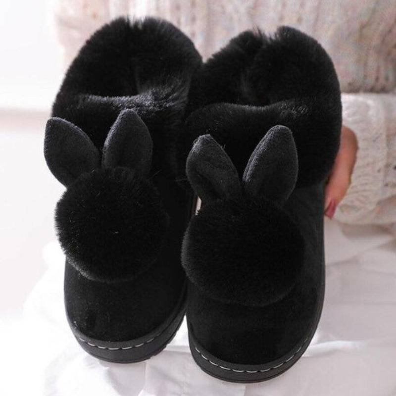 Lily –  Fur Slippers with Round Toe and Rabbit Ear Design