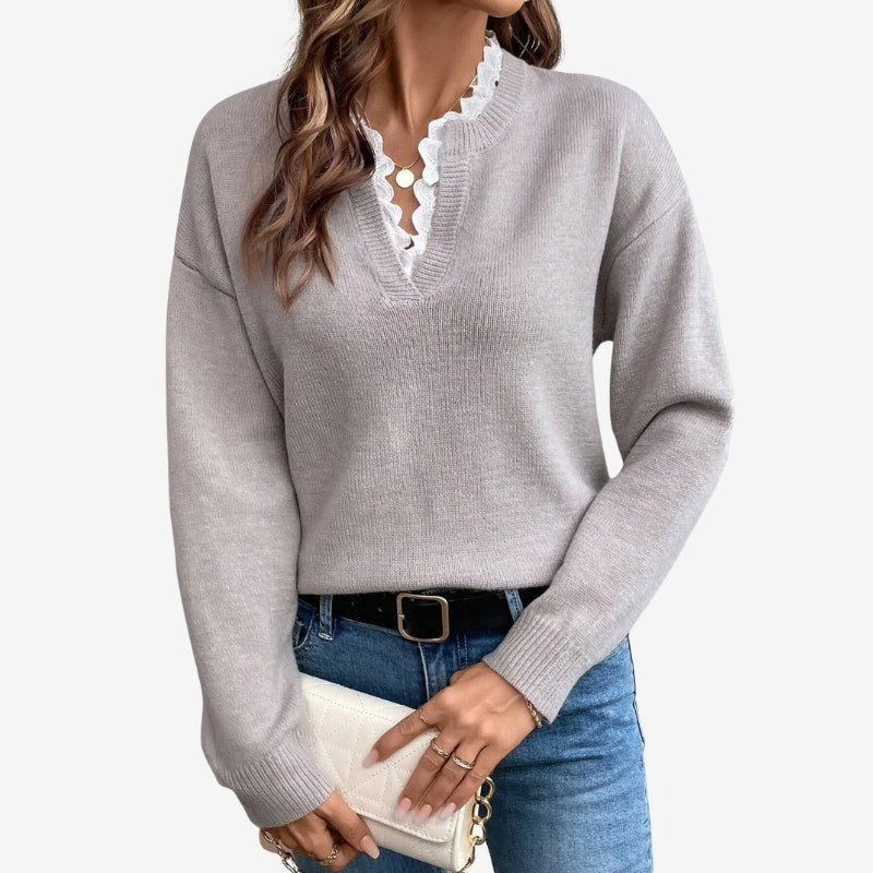 Fiona – Long Sleeve Sweater with V Neck and Ribbed Hem Design