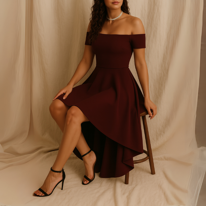 Clara – Off-Shoulder Jurk met Korte Mouwen en Midi Lengte Velani