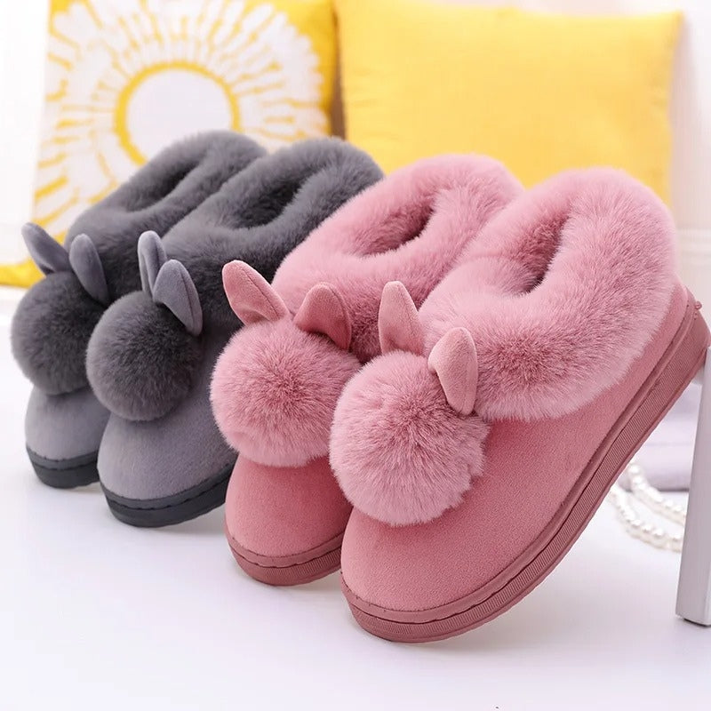 Lily –  Fur Slippers with Round Toe and Rabbit Ear Design