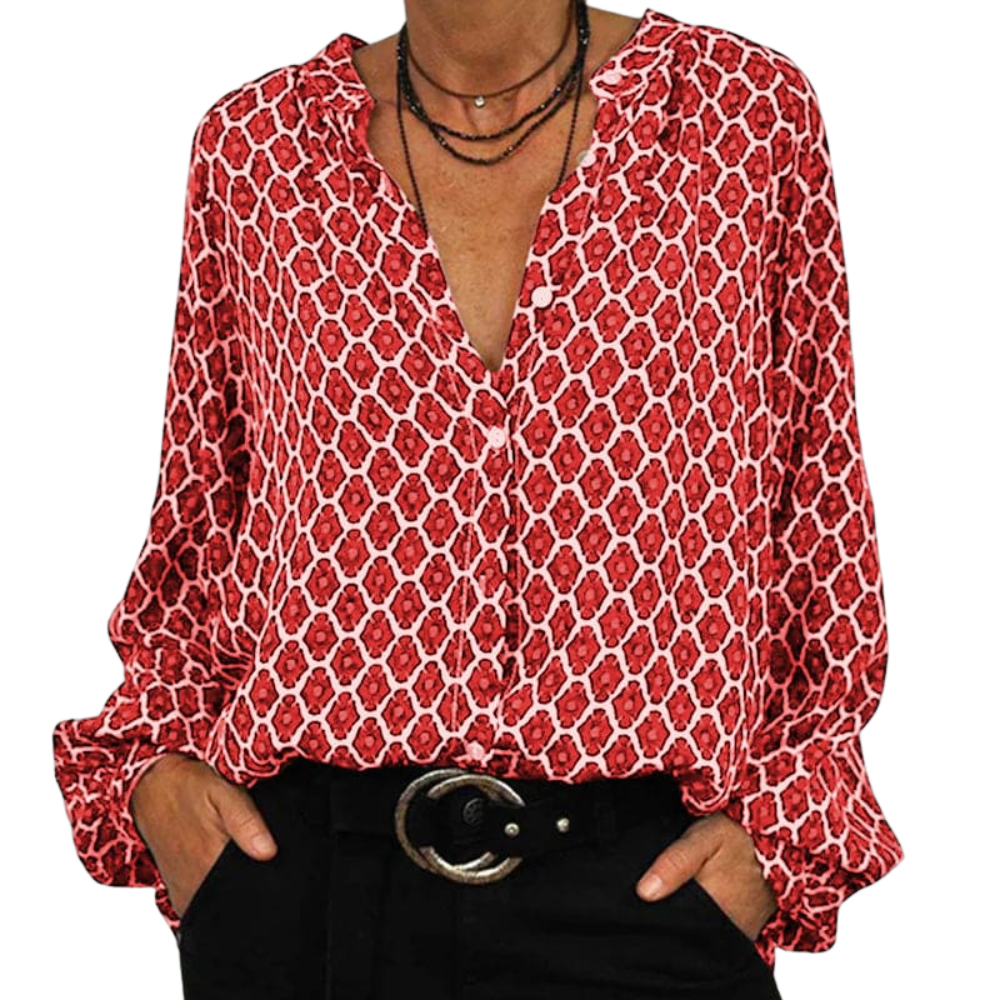 Erika – V-hals Blouse met Lange Mouwen en Knopen Velani