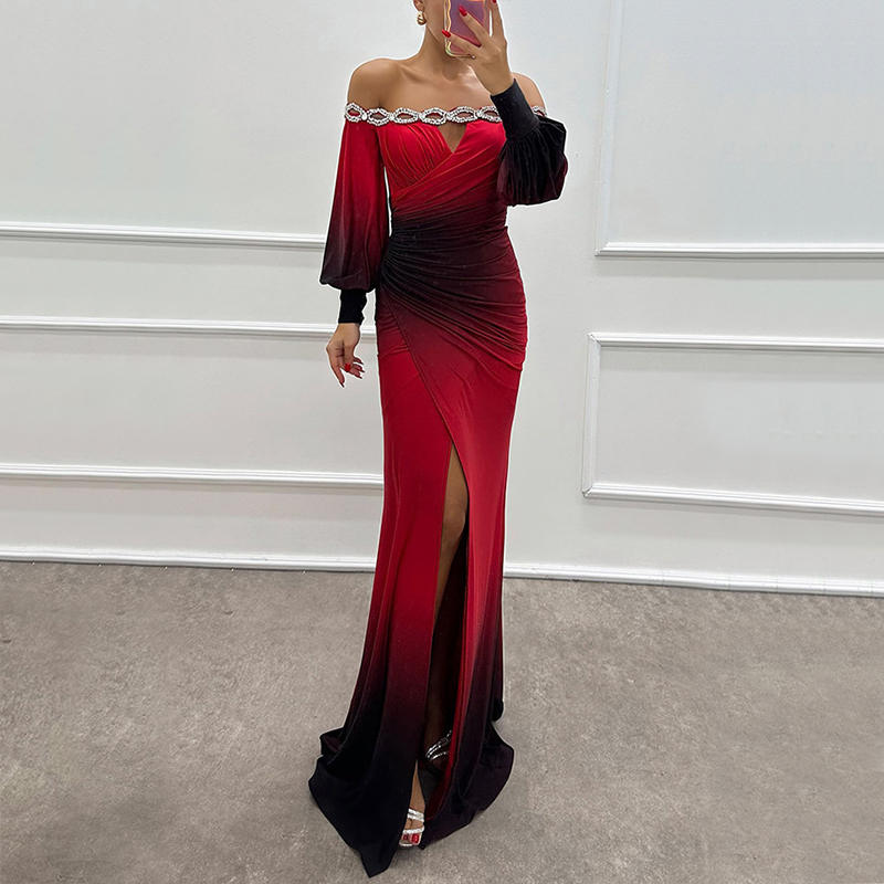 Enid – Schouderloze Maxi-jurk met Gradiënt en Lange Mouw Velani