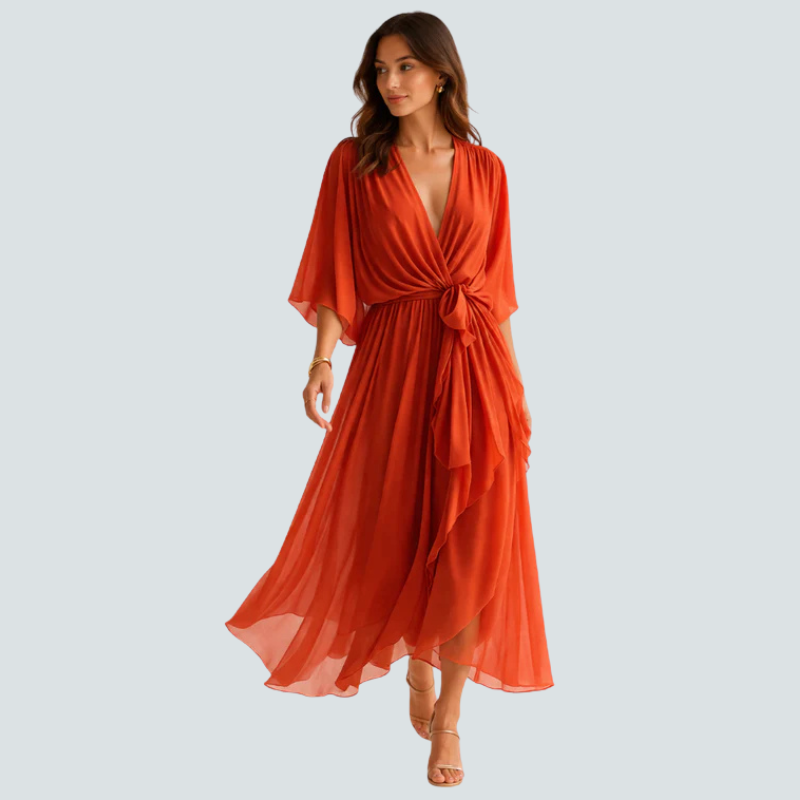 Stylish Midi Dress with V-Neck and Batwing Sleeves