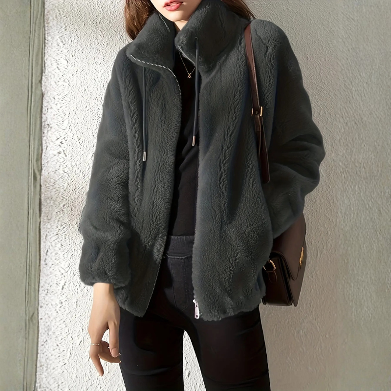 Women's Fleece Jacket with Stand Collar and Zip Front