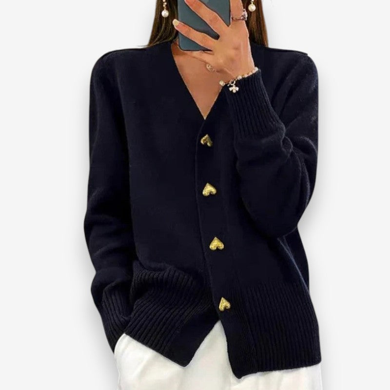 Olivia – V Neck Knitted Cardigan With Heart Shaped Buttons