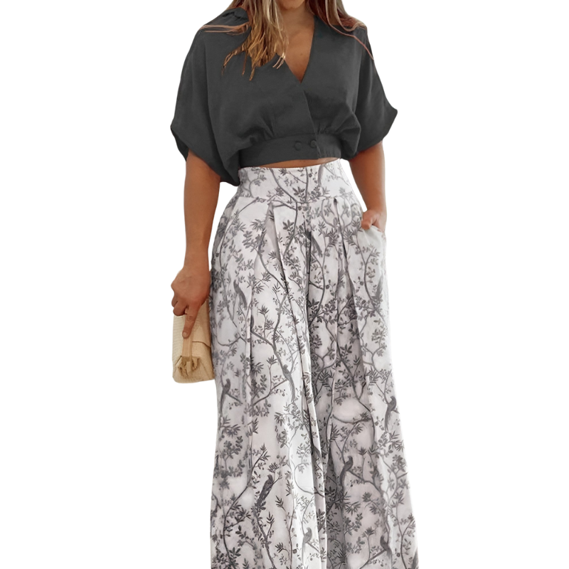 Jessica – Tweedelig Pak met Bloemenprint en Wijde Pijpen Broek Velani