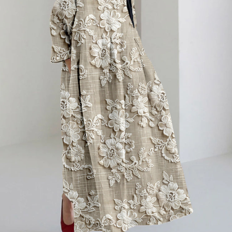 Alexis – Maxi Jurk met Lange Mouwen Bloemenprint en Ronde Hals Velani