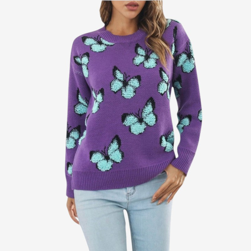 Ava – Round Neck Sweater with Butterfly Pattern and Long Sleeves