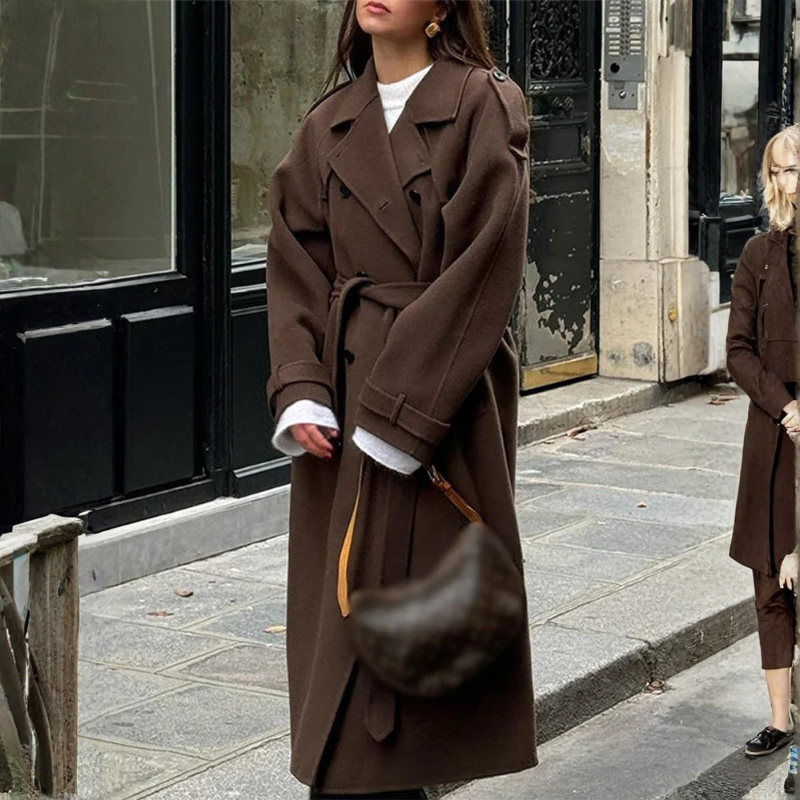 Women Long Coat With Notched Collar