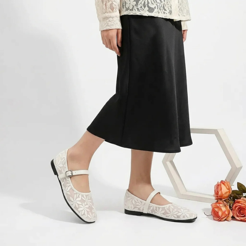 Square-Toed Ballerina Flats with Floral Embroidery