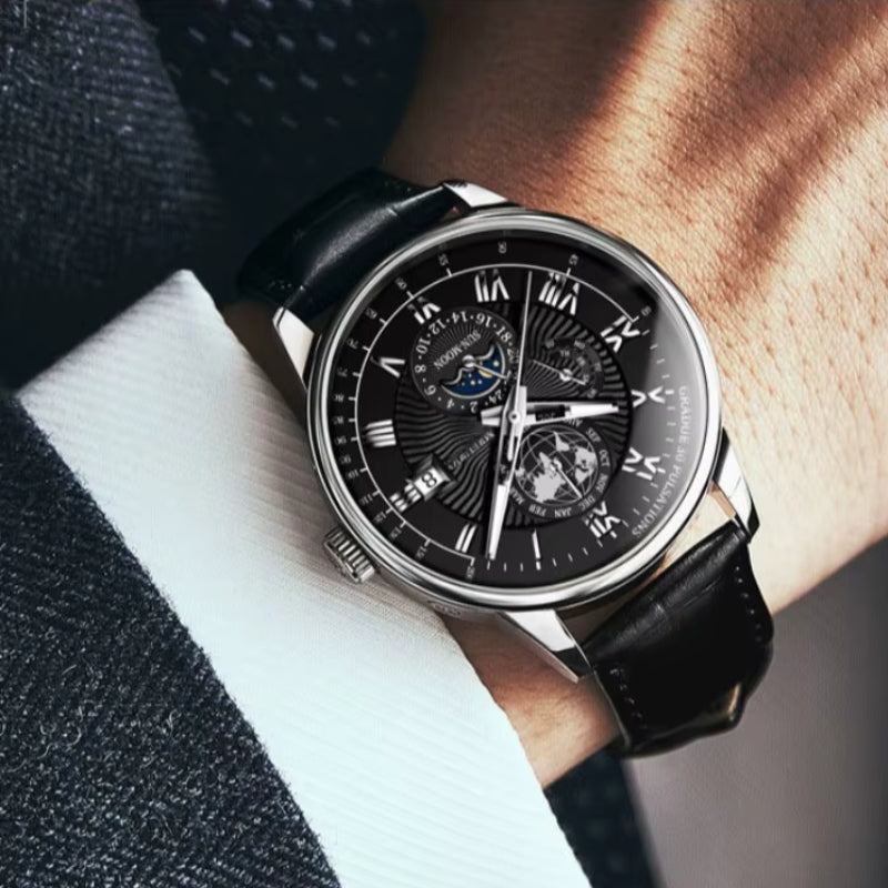LunOrix - Round Watch with Adjustable Strap and Moon Phase Detail