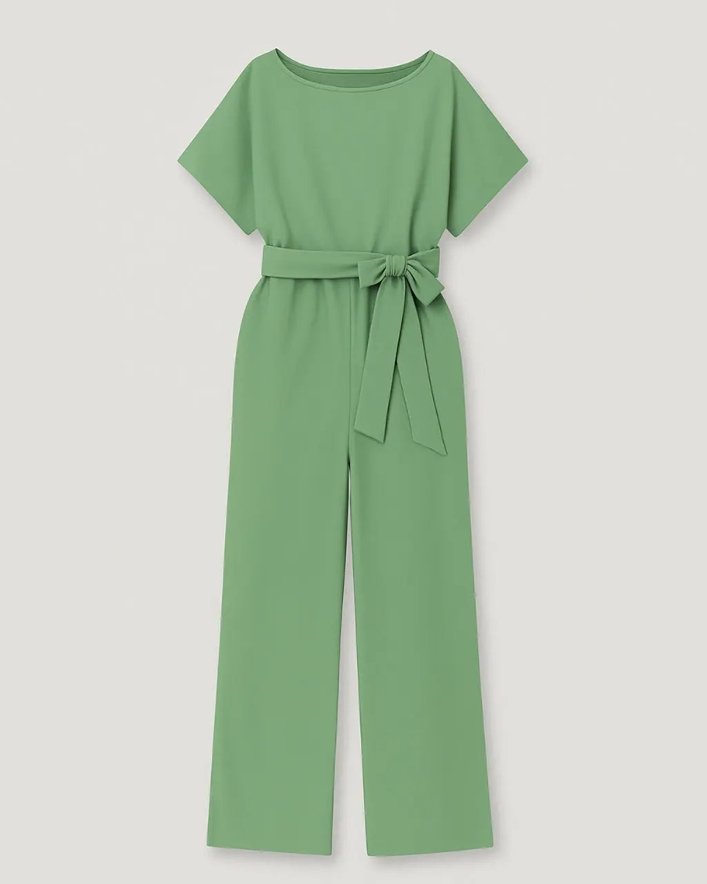 Polyester Ronde Hals Jumpsuit Met Tailleband-Jumpsuits-Velani-Groen-S-Velani