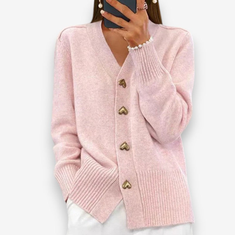 Olivia – V Neck Knitted Cardigan With Heart Shaped Buttons